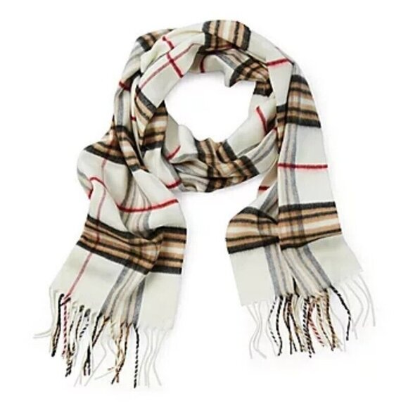 NEW V.FRAAS UNISEX IVORY PLAID FRINGE SCARF - Picture 2 of 3